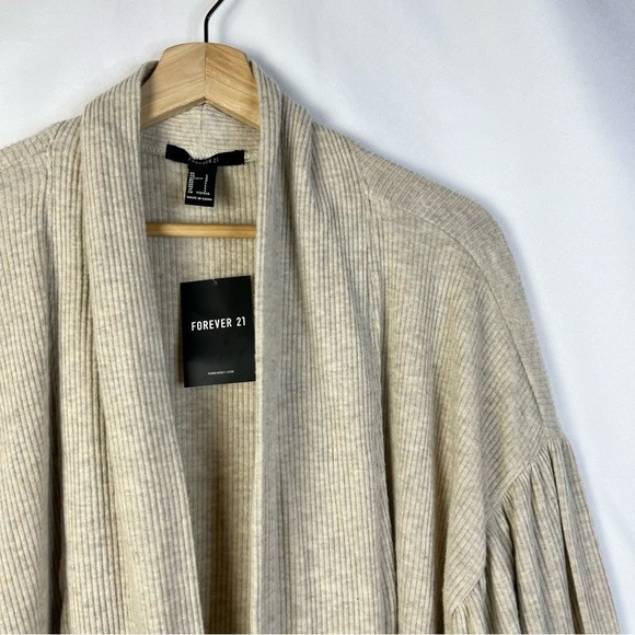 Forever 21 Light Brown Ribbed Balloon Sleeve Cardigan Sweater L - Picture 3 of 6